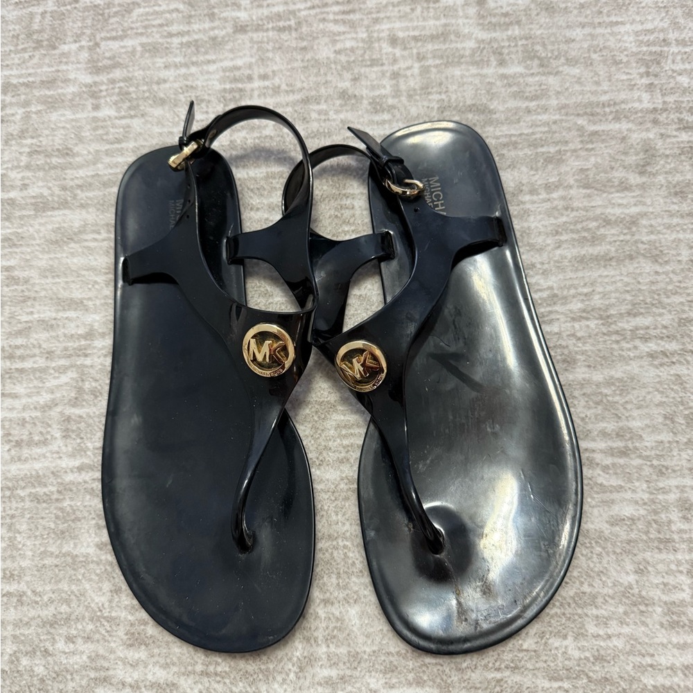 Michael Kors Glossy Black Sandals with Gold Logo